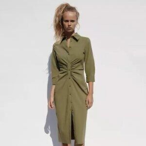 Zara Khaki Green Ruched Midi Dress